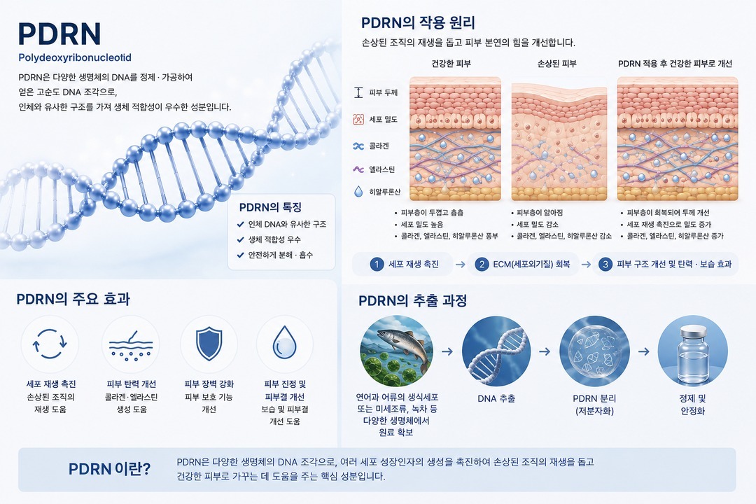 PDRN 성분의 정의, 피부 작용 원리, 세포 재생·탄력·장벽·보습 효과, 연어 및 미세조류 유래 추출 과정을 한눈에 정리한 인포그래픽 이미지
